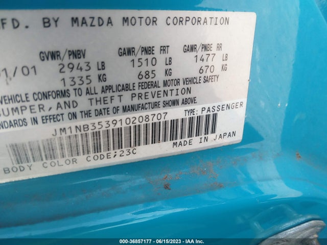 2001 MAZDA MX-5 MIATA BASE/LS VIN: JM1NB353910208707