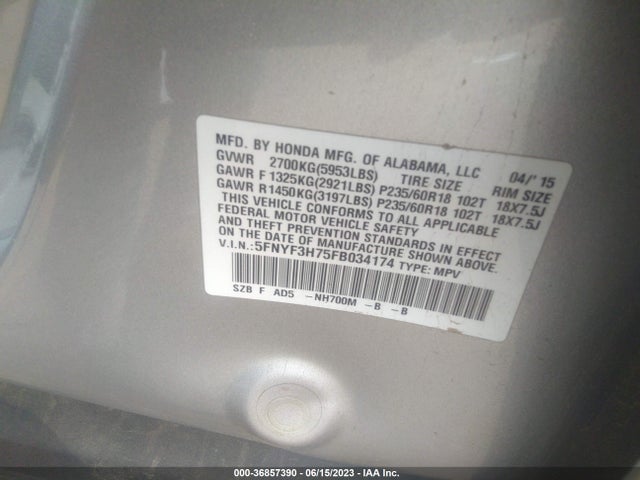 Honda Pilot Ex-l 2015 5FNYF3H75FB034174 Image 9