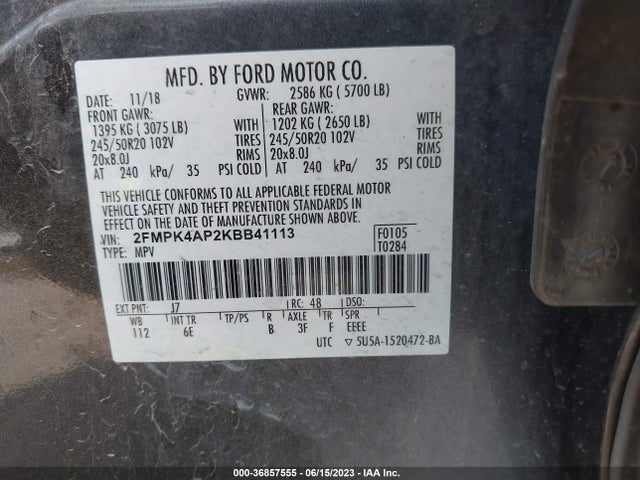 2019 FORD EDGE ST VIN: 2FMPK4AP2KBB41113