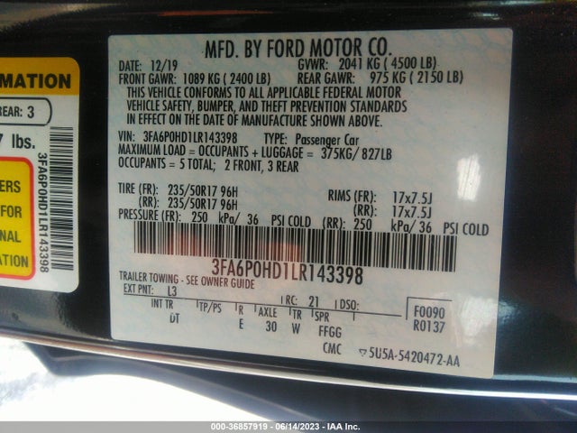 2020 FORD FUSION SE VIN: 3FA6P0HD1LR143398