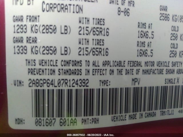 2007 CHRYSLER TOWN & COUNTRY LWB LIMITED VIN: 2A8GP64L07R124392