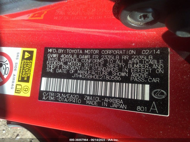 JTHKD5BH0E2180586 Lexus Ct 200h Hybrid