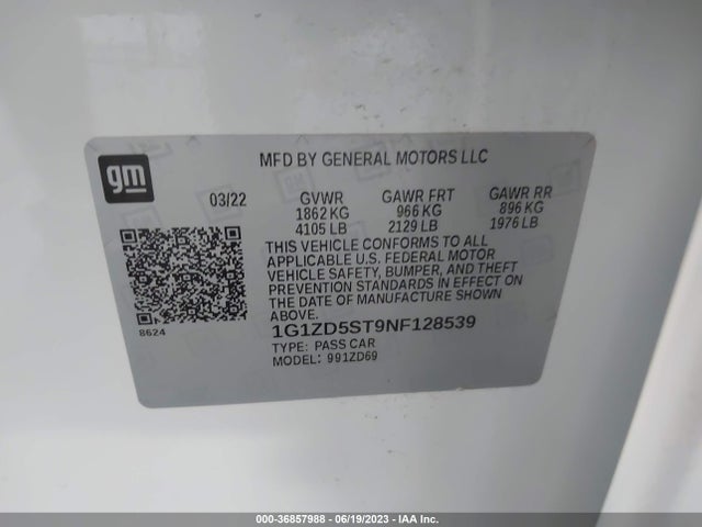 2022 CHEVROLET MALIBU LT VIN: 1G1ZD5ST9NF128539