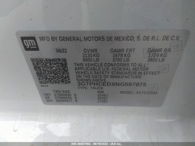 3GTPHCEDXNG597875 GMC Sierra 1500 Elevation