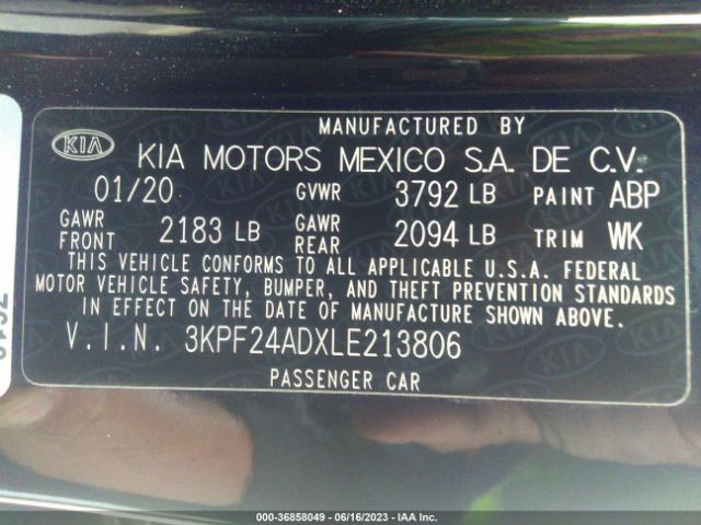 3KPF24ADXLE213806 KIA Forte Lxs