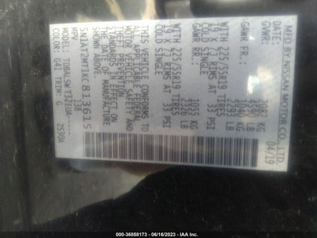 5N1AT2MT1KC813615 Nissan Rogue Sl