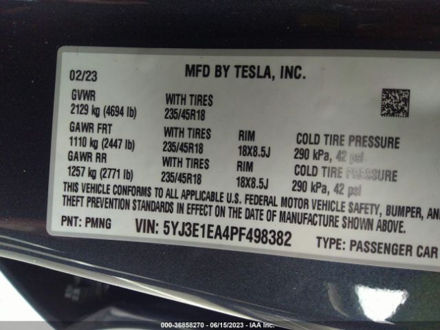 5YJ3E1EA4PF498382 Tesla MODEL 3