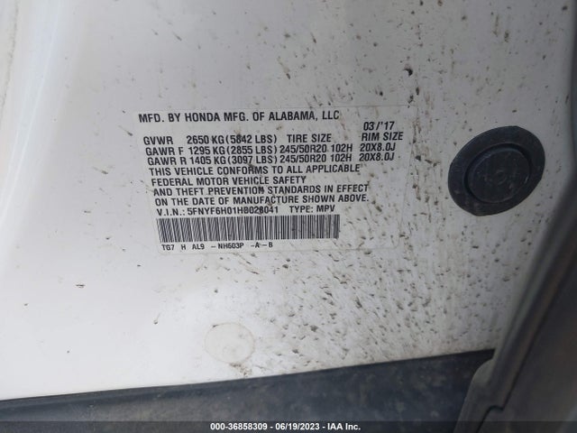 Honda Pilot Elite 2017 5FNYF6H01HB028041 Image 9