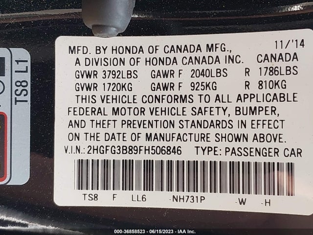Honda CIVIC EX 2015 2HGFG3B89FH506846 Image 9