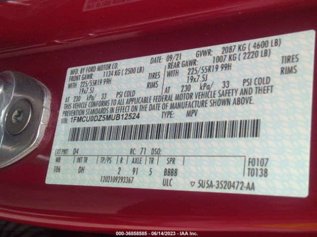 1FMCU0DZ5MUB12524 Ford Escape Titanium Hybrid