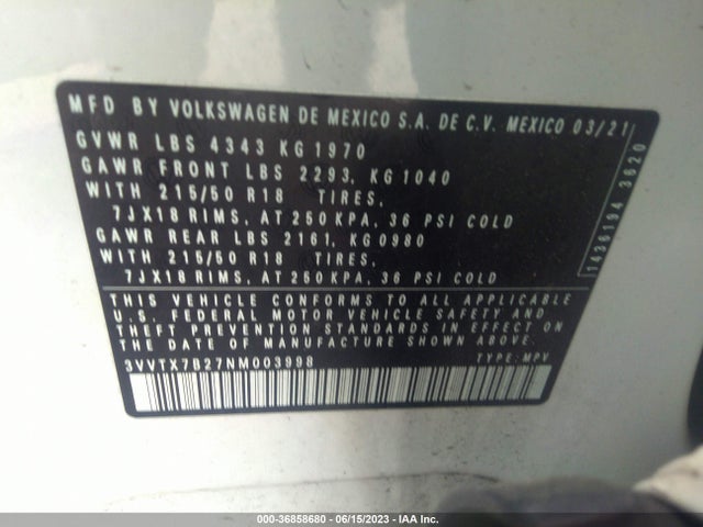 3VVTX7B27NM003998 Volkswagen TAOS SE