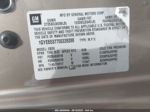 Aukcja sprzedaży 2005 Cadillac Srx, vin: 1GYEE637750228288, numer aukcji: 36858948