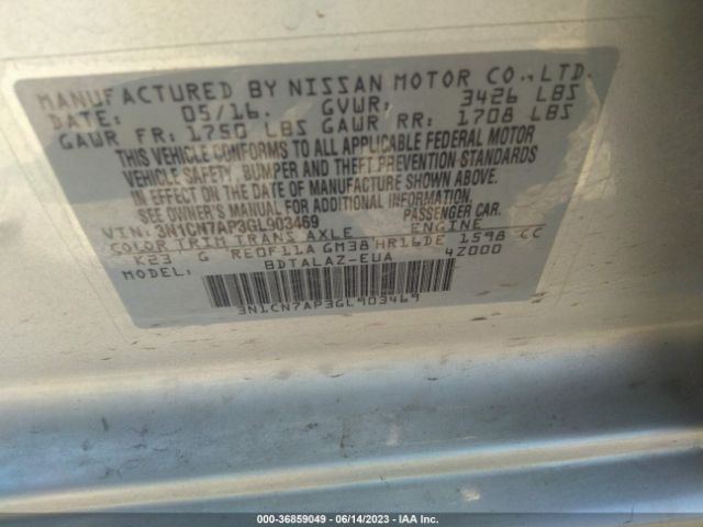 3N1CN7AP3GL903469 Nissan Versa S Plus