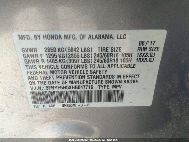 Honda Pilot Ex-l 2017 5FNYF6H5XHB047716 Image 9