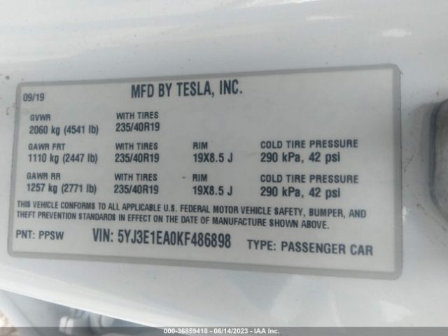 5YJ3E1EA0KF486898 Tesla Model 3 Standard Range Plus