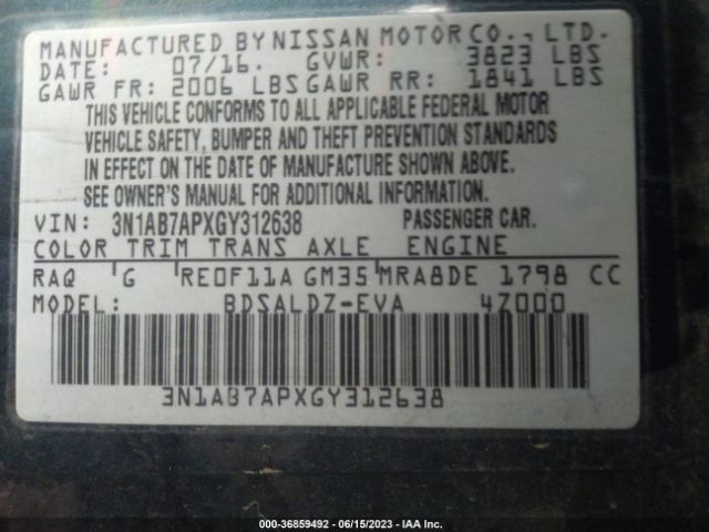 3N1AB7APXGY312638 Nissan SENTRA SV