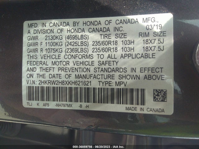 Honda Cr-v Ex-l 2019 2HKRW2H8XKH621621 Image 9