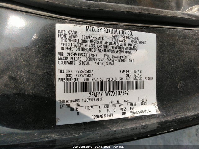 2007 FORD POLICE INTERCEPTOR BASE/BASE W VIN: 2FAFP71W77X107842