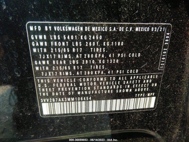 3VV2B7AX3MM106454 Volkswagen Tiguan Se/se R-line Black/sel