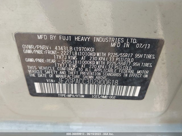 2013 SUBARU XV CROSSTREK PREMIUM VIN: JF2GPACC3D2900618