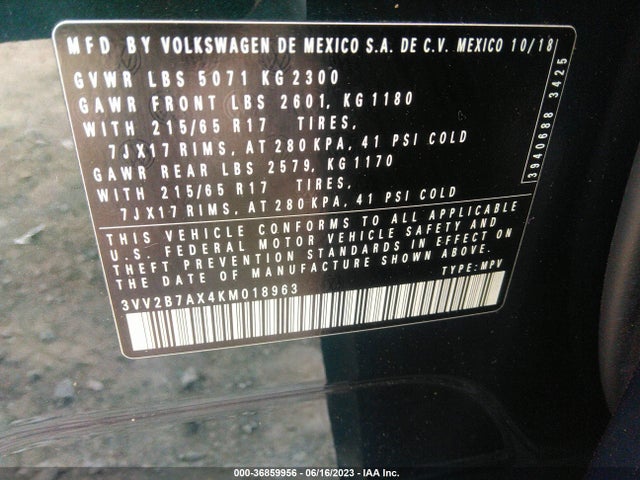 2019 VOLKSWAGEN TIGUAN SE/SEL/SEL R-LINE VIN: 3VV2B7AX4KM018963