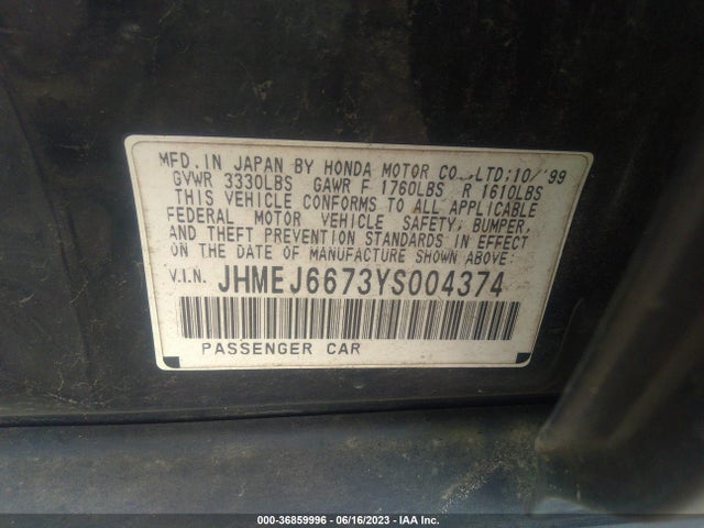 2000 HONDA CIVIC LX VIN: JHMEJ6673YS004374