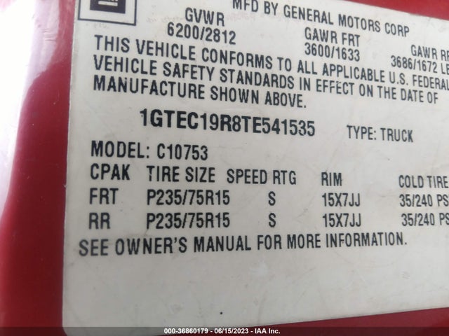 1996 GMC SIERRA C1500 VIN: 1GTEC19R8TE541535