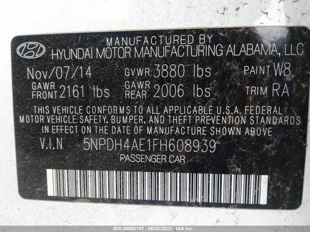 2015 HYUNDAI ELANTRA SE VIN: 5NPDH4AE1FH608939