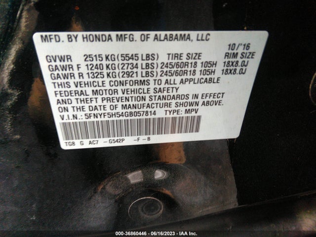 Honda Pilot Ex-l 2016 5FNYF5H54GB057814 Image 16