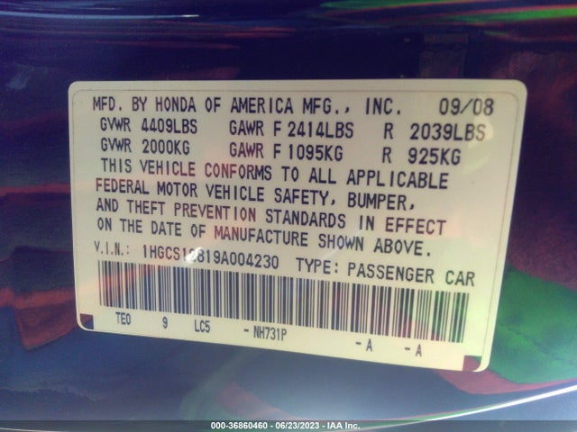 2009 HONDA ACCORD CPE EX-L VIN: 1HGCS12819A004230