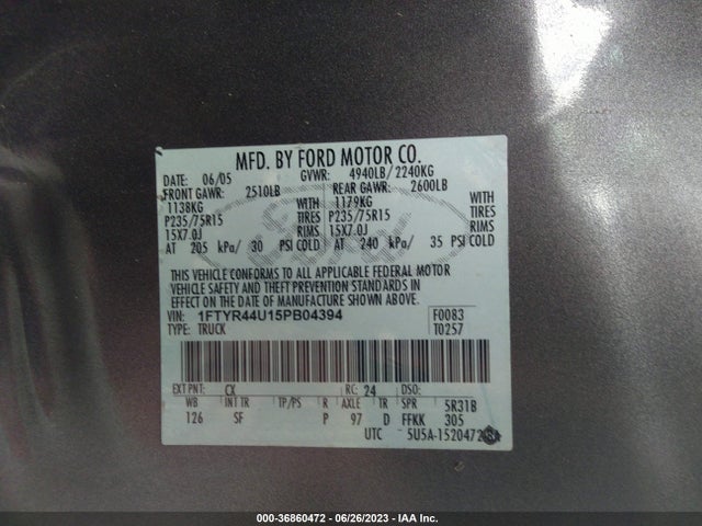 2005 FORD RANGER XLT/EDGE/STX VIN: 1FTYR44U15PB04394
