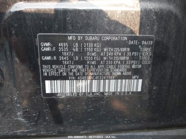 4S4BSANC4K3341149 Subaru Outback Limited