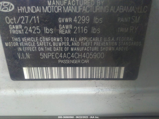 2012 HYUNDAI SONATA 2.4L LIMITED VIN: 5NPEC4AC4CH405900