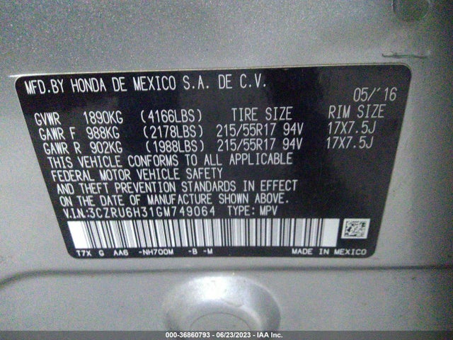 Honda HR-V LX 2016 3CZRU6H31GM749064 Image 9