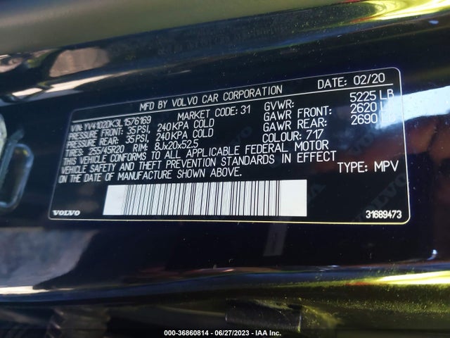2020 VOLVO XC60 T5 MO VIN: YV4102DK3L1576169