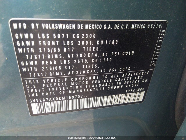 3VV2B7AX0KM159707 Volkswagen Tiguan Se/sel/sel R-line