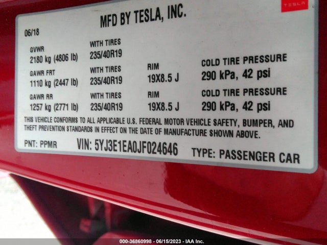 Tesla Model 3 Range Battery 2018 5YJ3E1EA0JF024646 Image 9