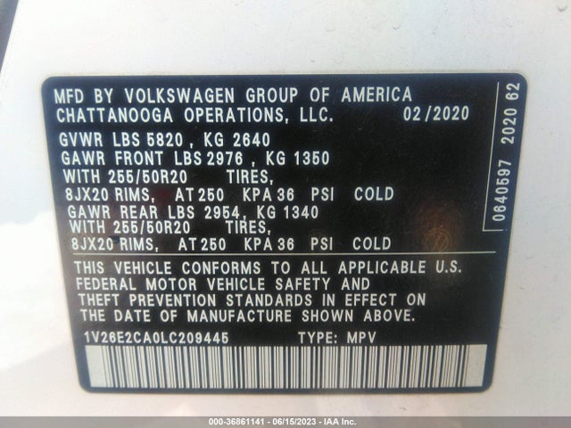 1V26E2CA0LC209445 Volkswagen Atlas Cross Sport 3.6l V6 Se W/technology