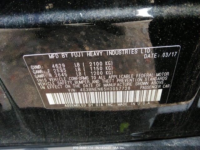 2017 SUBARU LEGACY LIMITED VIN: 4S3BNEN65H3057728
