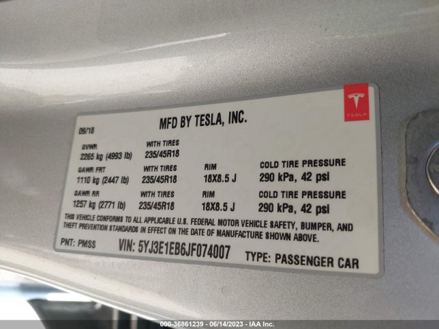 Tesla Model 3 Long Range 2018 5YJ3E1EB6JF074007 Image 17