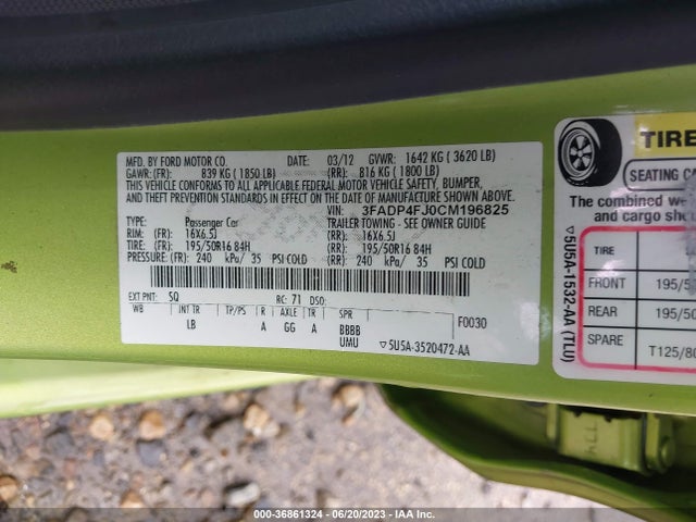 2012 FORD FIESTA SES VIN: 3FADP4FJ0CM196825