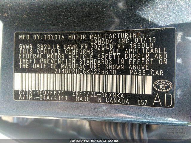 2019 TOYOTA COROLLA L/LE/SE/XLE/XSE VIN: 2T1BURHE6KC238610