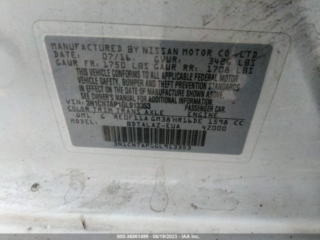 3N1CN7AP1GL913353 Nissan Versa S Plus