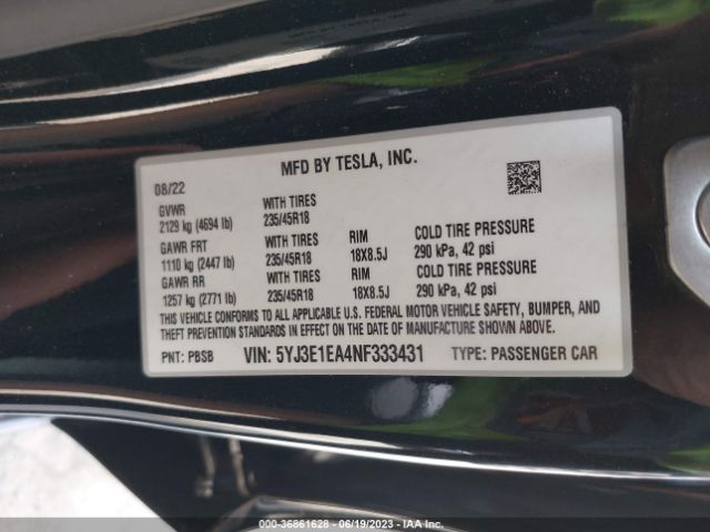 5YJ3E1EA4NF333431 Tesla MODEL 3