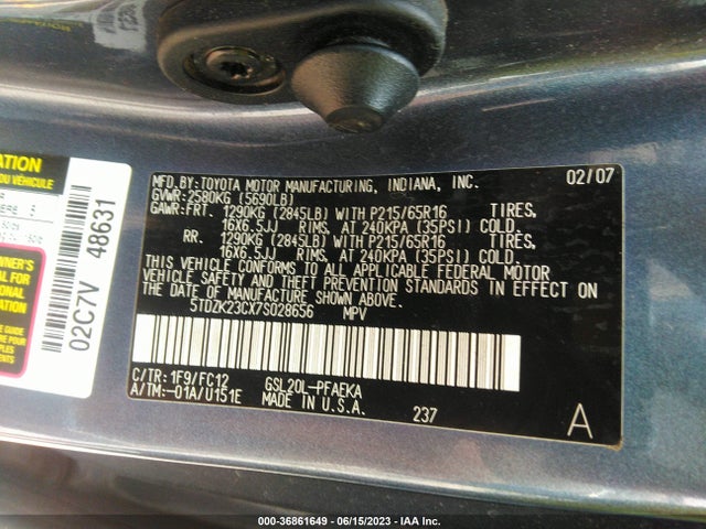 2007 TOYOTA SIENNA CE/LE VIN: 5TDZK23CX7S028656