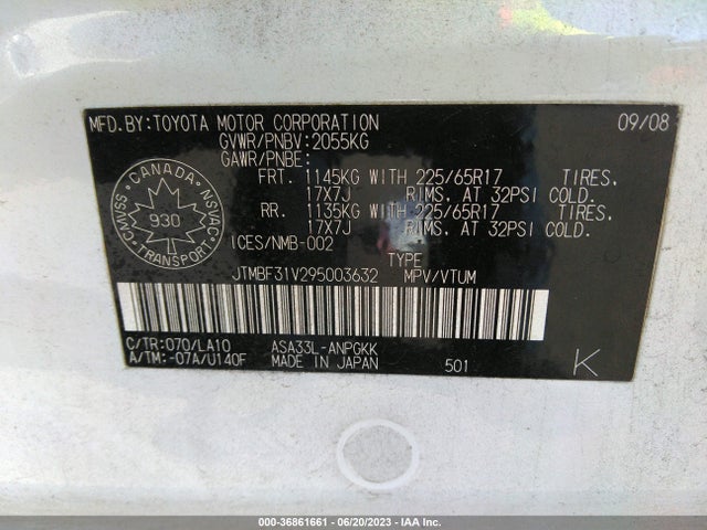 2009 TOYOTA RAV4 LTD VIN: JTMBF31V295003632