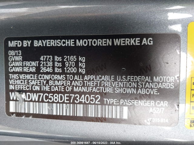 2013 BMW 3 SERIES 328I VIN: WBADW7C58DE734052
