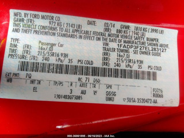 1FADP3F27EL283127 Ford FOCUS SE