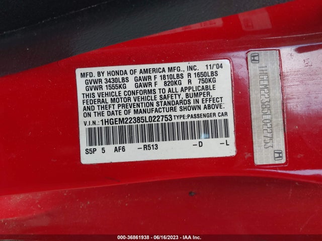 2005 HONDA CIVIC CPE VP SSRS VIN: 1HGEM22385L022753