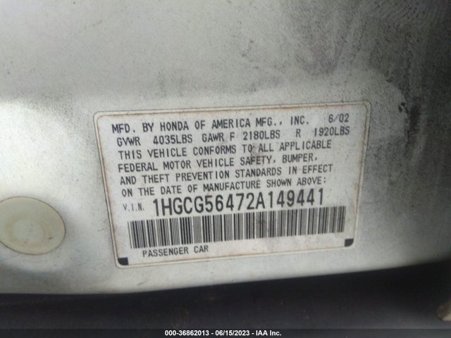2002 HONDA ACCORD SDN LX VIN: 1HGCG56472A149441